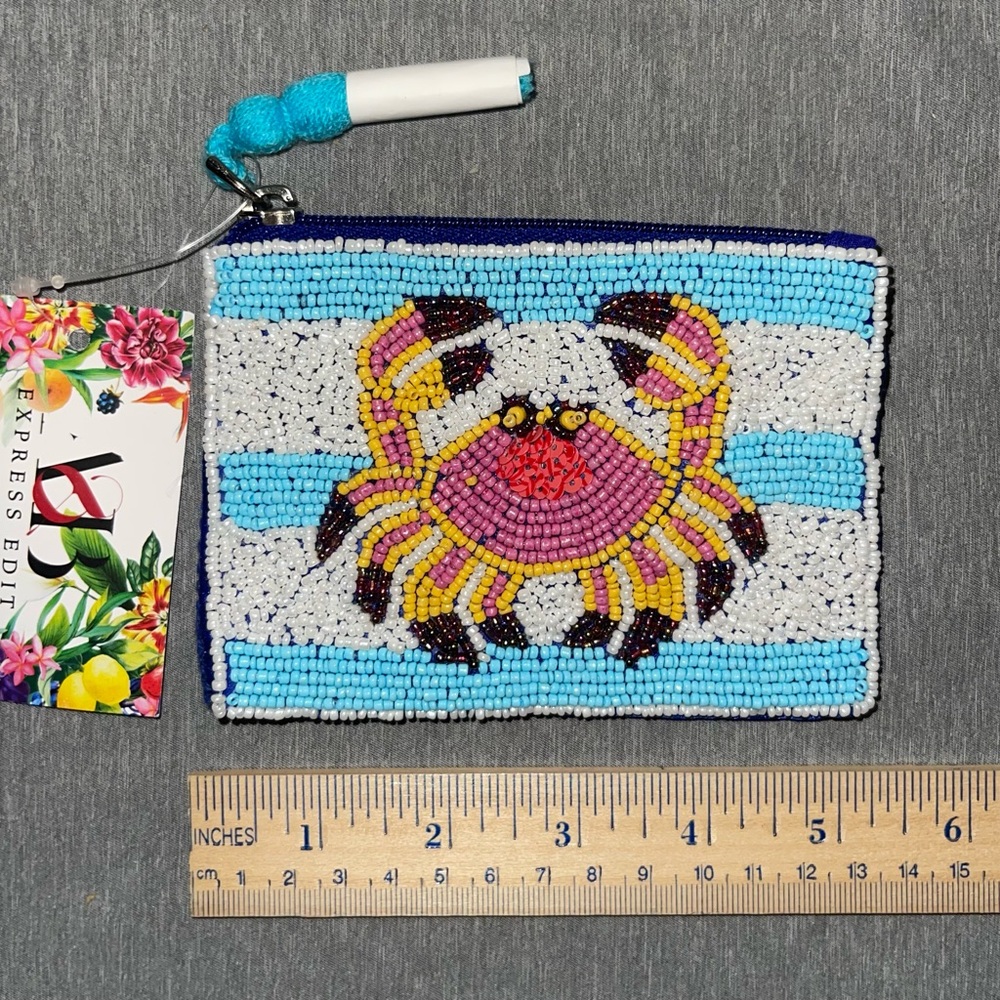 NWT A&B Express Edit Crab It Design Hand Beaded Coin Purse Blue Stripe